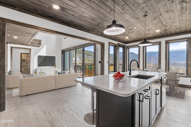 3540 Mountain Tyme Way, Sevierville, TN 37862 - kitchen featuring wooden ceiling, a sink, light countertops, light wood-type flooring, and a kitchen island with sink