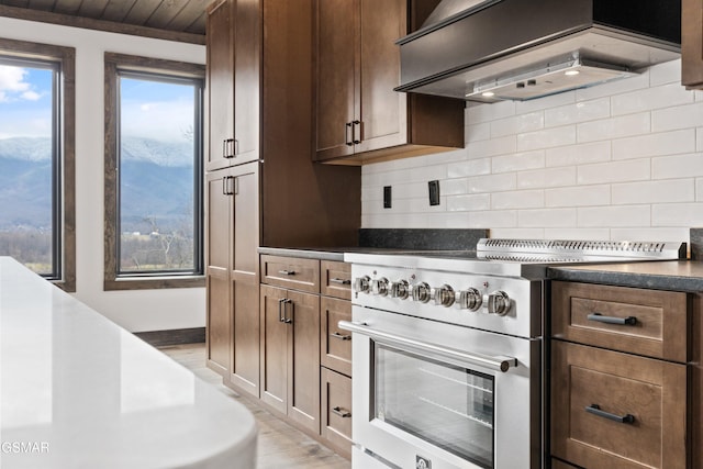 3540 Mountain Tyme Way, Sevierville, TN 37862 - kitchen featuring extractor fan, high end stainless steel range, backsplash, and light wood-style flooring