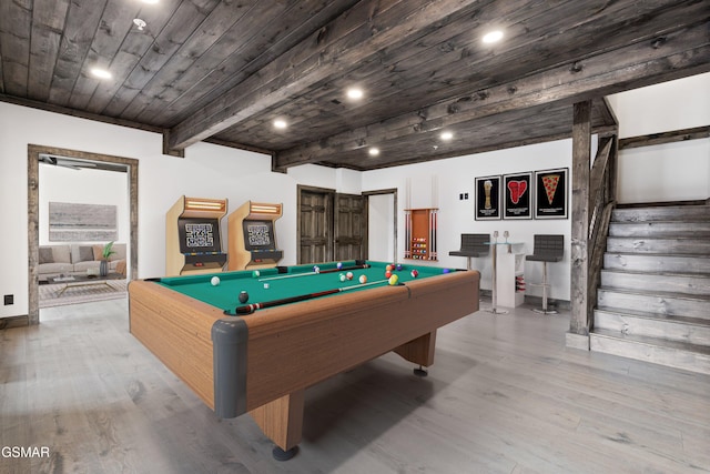 3540 Mountain Tyme Way, Sevierville, TN 37862 - recreation room with billiards, wood finished floors, recessed lighting, wooden ceiling with exposed beams, and baseboards