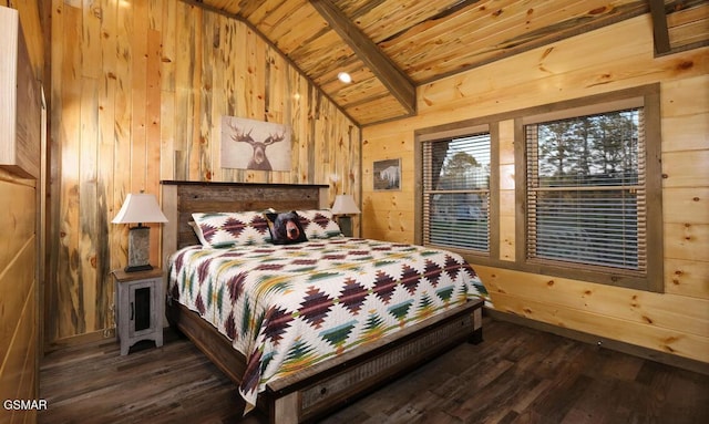 bedroom featuring wooden ceiling, dark hardwood / wood-style flooring, wood walls, and lofted ceiling with beams