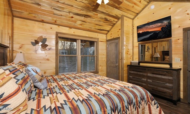 bedroom featuring ceiling fan, vaulted ceiling, wood walls, and wooden ceiling