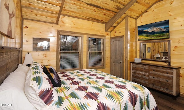 bedroom featuring dark wood-type flooring, wooden ceiling, lofted ceiling with beams, and wooden walls