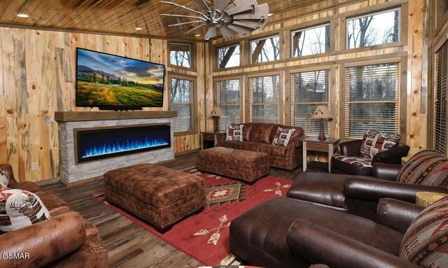 sunroom featuring ceiling fan, wood ceiling, and a fireplace