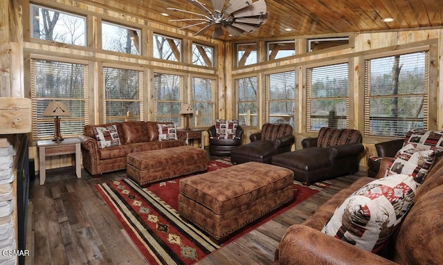 living room featuring lofted ceiling, dark hardwood / wood-style flooring, a healthy amount of sunlight, ceiling fan, and wooden ceiling