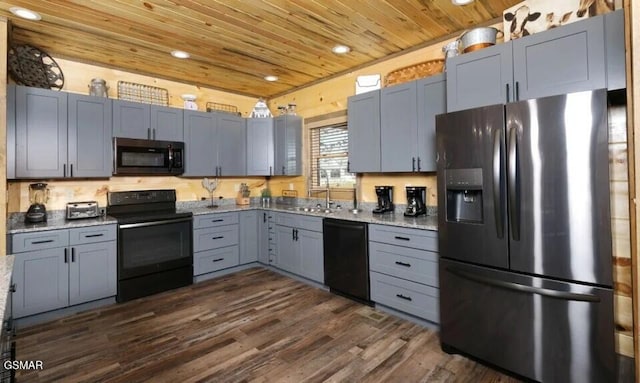 kitchen featuring wooden ceiling, dark wood-type flooring, light stone countertops, black appliances, and sink