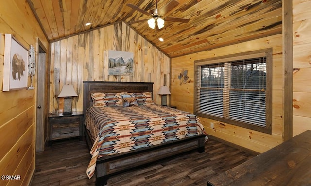 bedroom with wood ceiling, dark hardwood / wood-style floors, wood walls, vaulted ceiling, and ceiling fan