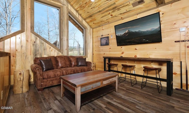 living room with vaulted ceiling, wood walls, wood ceiling, and dark hardwood / wood-style floors