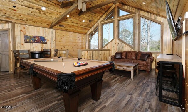 recreation room with billiards, dark hardwood / wood-style floors, vaulted ceiling with beams, wooden walls, and wood ceiling