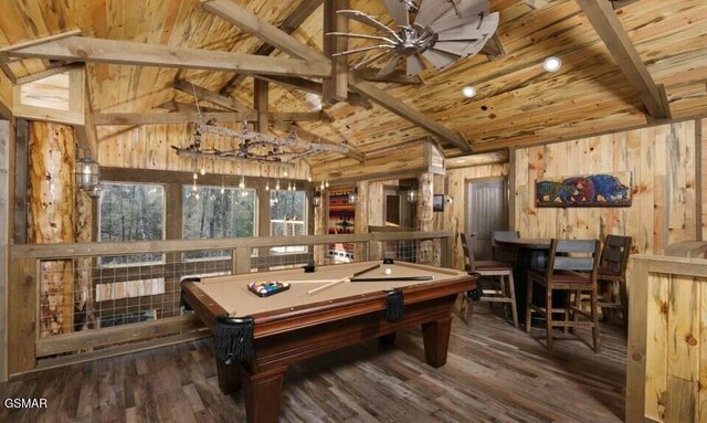 playroom featuring wood walls, wooden ceiling, pool table, dark hardwood / wood-style flooring, and beamed ceiling