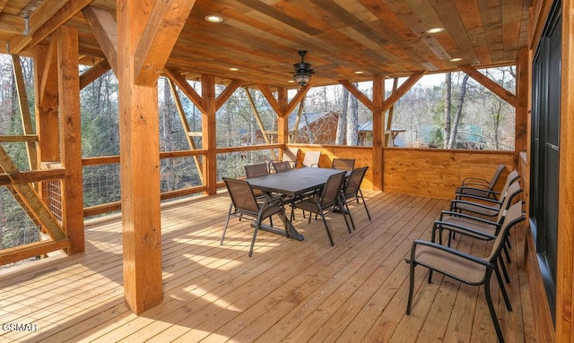 sunroom / solarium with ceiling fan and wooden ceiling