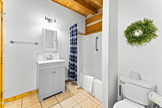 full bath featuring vanity, tile patterned flooring, shower / tub combo, beamed ceiling, and toilet