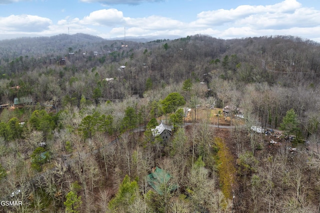 aerial view with a view of trees and a mountain view