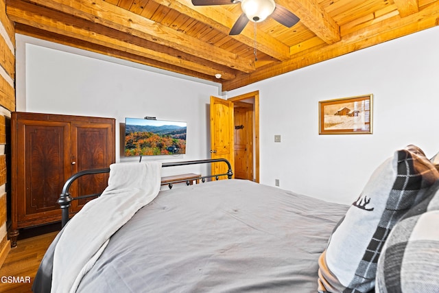 bedroom featuring wood finished floors, beam ceiling, wooden ceiling, and ceiling fan