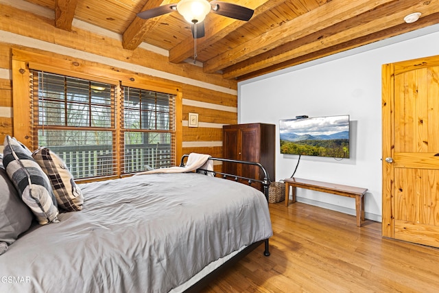 bedroom featuring wood finished floors, ceiling fan, wood walls, wooden ceiling, and beamed ceiling