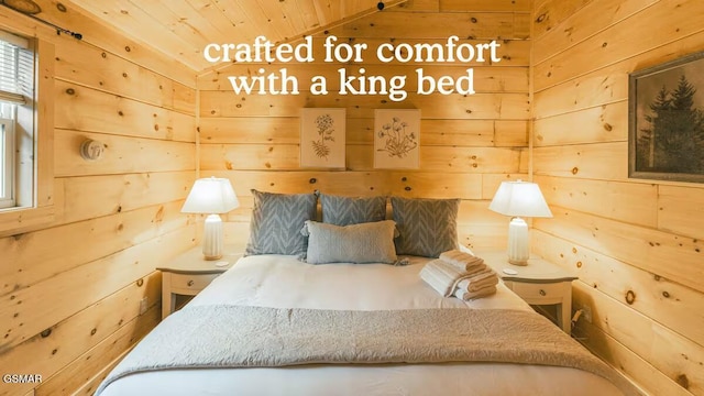 122 Quail Roost Dr, Cosby, TN 37722 - bedroom with wooden walls, wooden ceiling, and vaulted ceiling