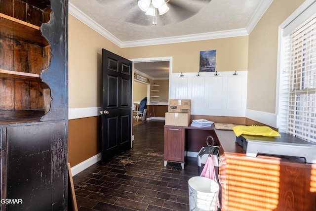 office space featuring ceiling fan, a textured ceiling, and ornamental molding