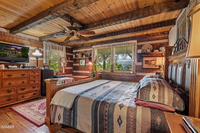 4091 Camp Hollow Rd, Sevierville, TN 37876 - bedroom featuring wooden walls, hardwood / wood-style flooring, and a wood ceiling with exposed beams