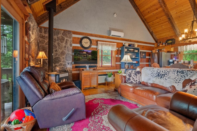 4091 Camp Hollow Rd, Sevierville, TN 37876 - living area with a wall mounted AC, a wooden ceiling with exposed beams, a wood stove, high vaulted ceiling, and wood finished floors