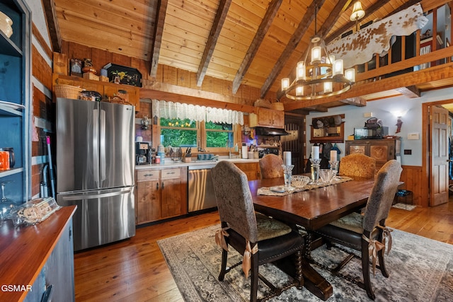 4091 Camp Hollow Rd, Sevierville, TN 37876 - dining space featuring a wood ceiling with exposed beams, light wood-type flooring, wooden walls, a chandelier, and a wainscoted wall