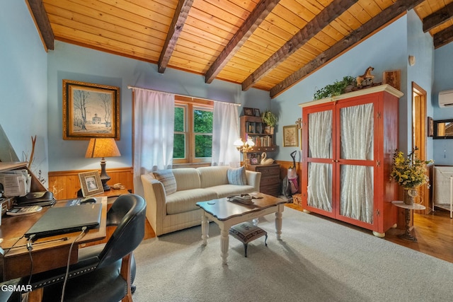 4091 Camp Hollow Rd, Sevierville, TN 37876 - carpeted living room with wooden ceiling, a wainscoted wall, an office area, and a wall mounted air conditioner