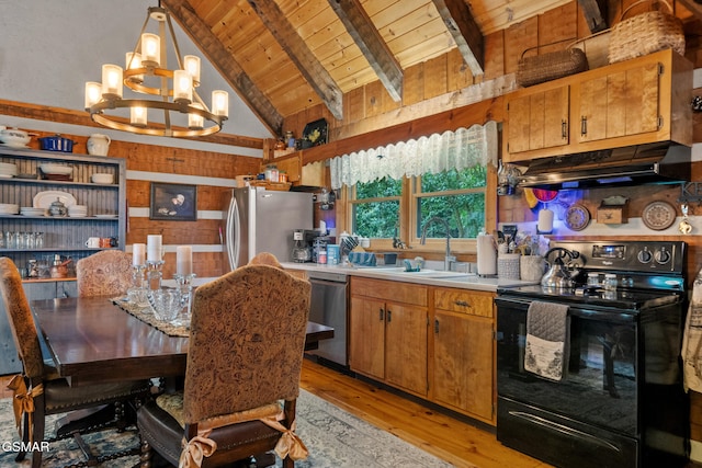 4091 Camp Hollow Rd, Sevierville, TN 37876 - kitchen featuring appliances with stainless steel finishes, under cabinet range hood, wood ceiling, a chandelier, and light wood-type flooring