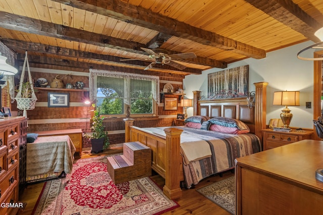 4091 Camp Hollow Rd, Sevierville, TN 37876 - bedroom featuring a wooden ceiling with exposed beams, wood finished floors, and wood walls