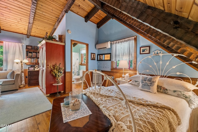4091 Camp Hollow Rd, Sevierville, TN 37876 - bedroom featuring hardwood / wood-style flooring, a wainscoted wall, a wood ceiling with exposed beams, a wall mounted air conditioner, and ensuite bathroom