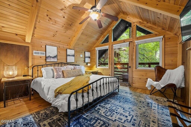 bedroom featuring hardwood / wood-style flooring, wooden walls, and wood ceiling