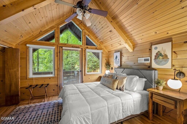 bedroom with wood walls, hardwood / wood-style floors, ceiling fan, and wood ceiling