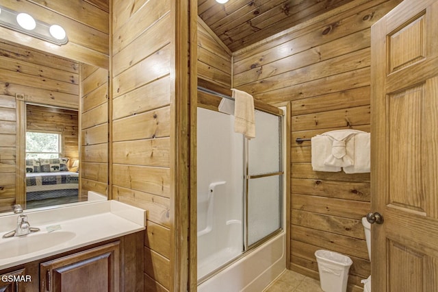 bathroom with shower / bath combination with glass door, vanity, wood ceiling, and wood walls