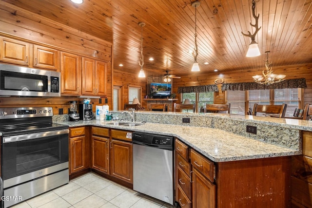 kitchen featuring sink, hanging light fixtures, kitchen peninsula, wooden walls, and appliances with stainless steel finishes