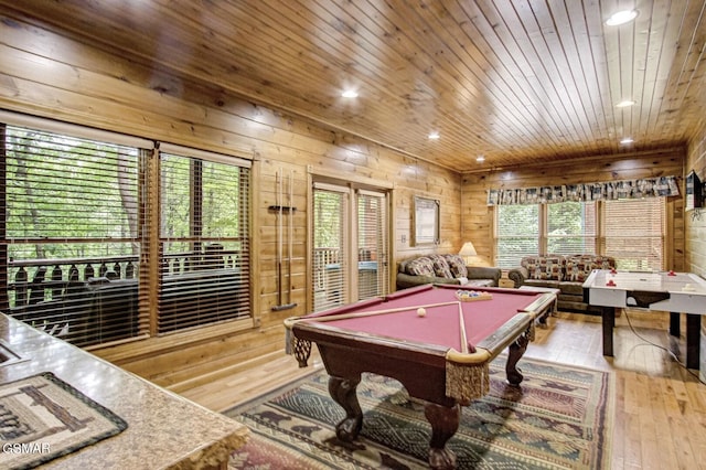 game room featuring wood-type flooring, wood ceiling, wooden walls, and billiards