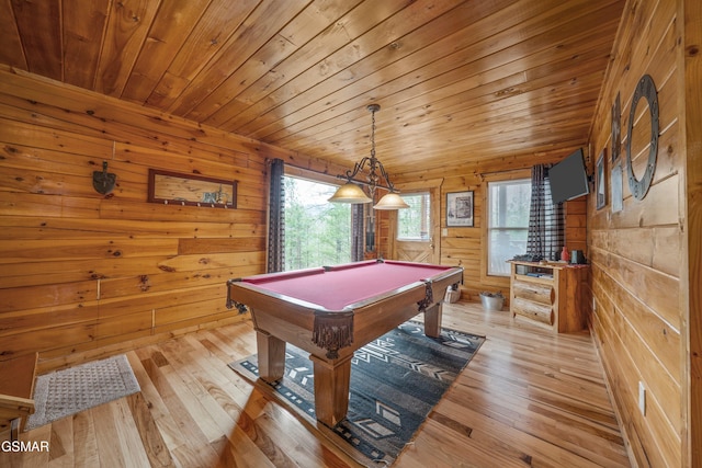 game room with light wood-type flooring, wooden ceiling, and billiards