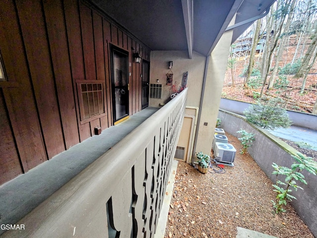 balcony featuring central air condition unit