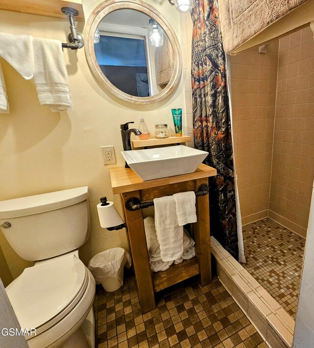 bathroom featuring a shower with curtain, vanity, and toilet