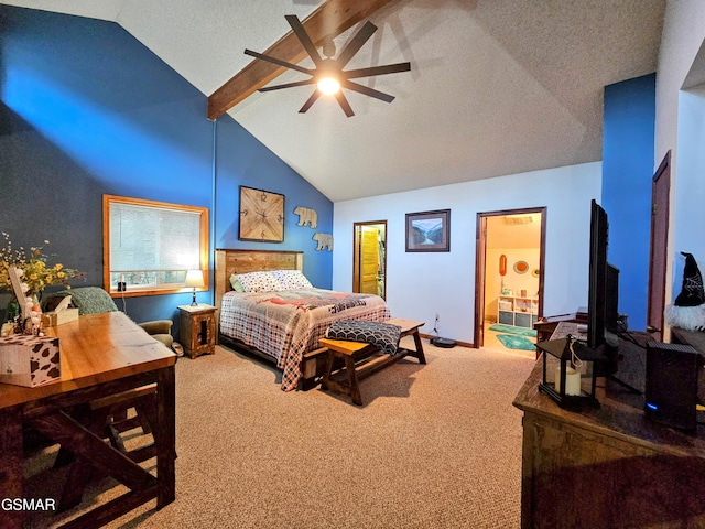 carpeted bedroom featuring beam ceiling, a textured ceiling, ensuite bathroom, and ceiling fan