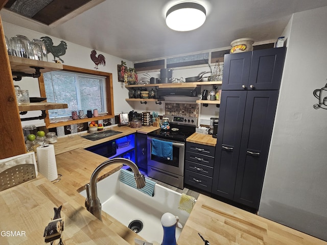 kitchen with wooden counters, ventilation hood, sink, light hardwood / wood-style flooring, and stainless steel electric range oven