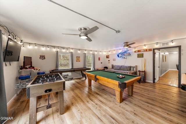 playroom with hardwood / wood-style flooring, pool table, and ceiling fan