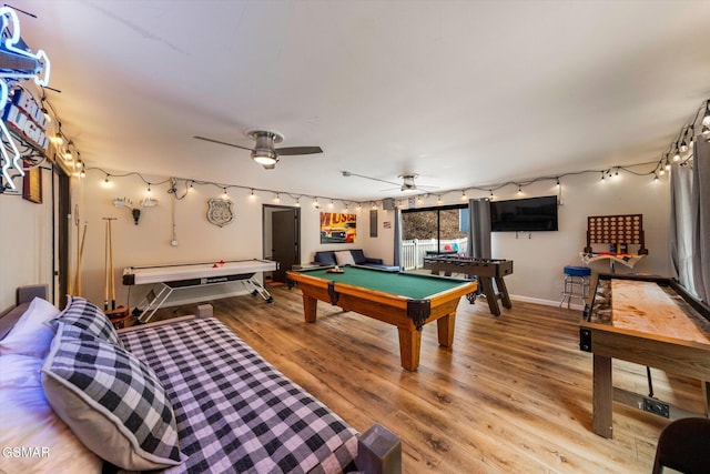 recreation room with wood-type flooring, pool table, and ceiling fan