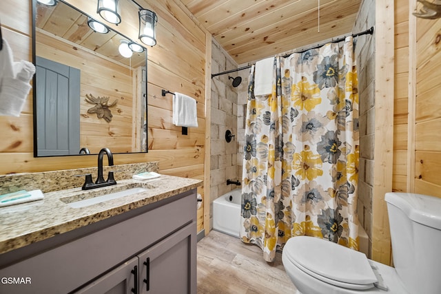 full bathroom featuring wooden ceiling, toilet, hardwood / wood-style flooring, and wooden walls