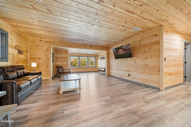 unfurnished living room featuring hardwood / wood-style flooring, wooden ceiling, and wood walls