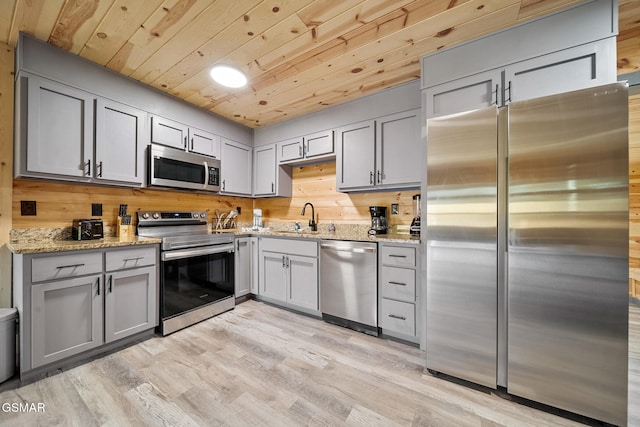 kitchen featuring sink, light hardwood / wood-style floors, light stone counters, wood ceiling, and stainless steel appliances