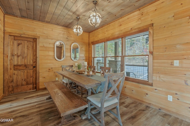 dining space with hardwood / wood-style flooring, a notable chandelier, wooden ceiling, and wooden walls