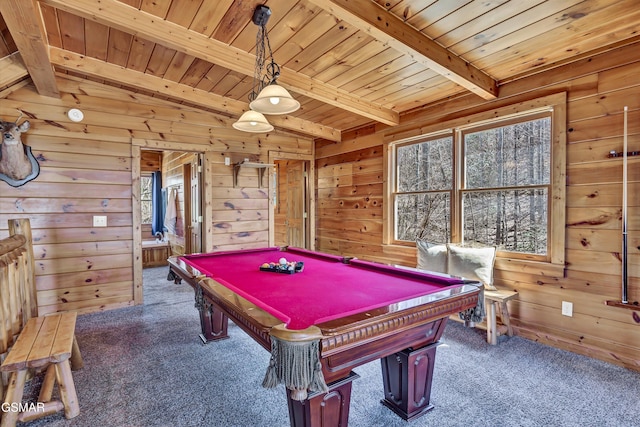 rec room with wooden walls, lofted ceiling with beams, wooden ceiling, pool table, and carpet