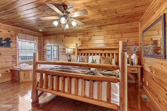 bedroom with wood walls, wood finished floors, and wood ceiling