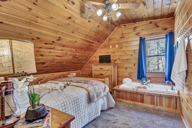 bedroom featuring carpet flooring, vaulted ceiling, wood walls, ceiling fan, and wooden ceiling