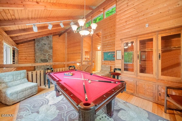 recreation room featuring pool table, wood ceiling, wood finished floors, high vaulted ceiling, and beamed ceiling