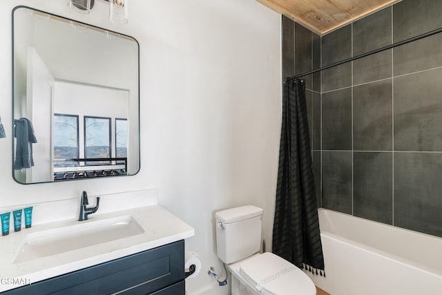 full bathroom with vanity, toilet, and shower / bathtub combination with curtain