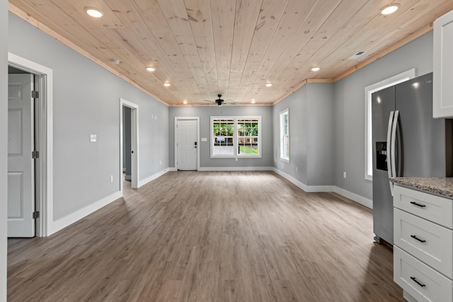 unfurnished living room with hardwood / wood-style floors, wooden ceiling, and ceiling fan