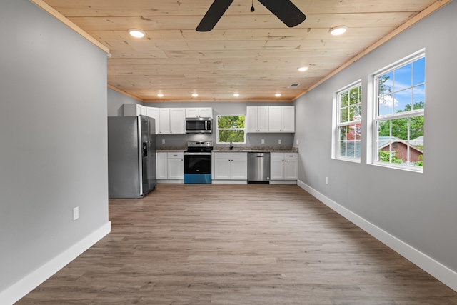 kitchen with white cabinetry, wood-type flooring, ceiling fan, wood ceiling, and stainless steel appliances